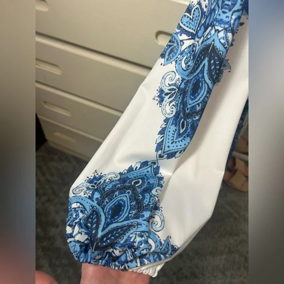 Coastal Paisley Print Floral Long Sleeve Pearl Button Summer Belted Dress✨ - Picture 5 of 7